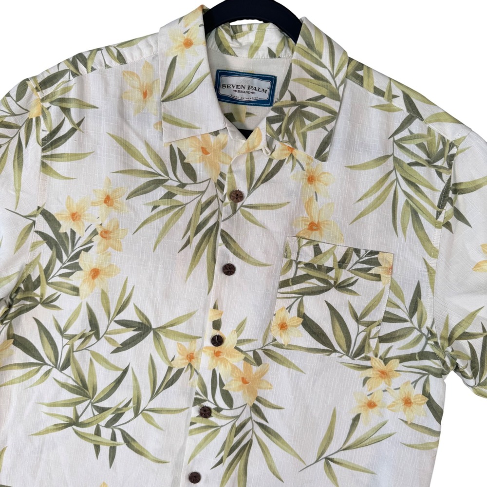 Seven Palm Mens Silk Hawaiian Shirt M Bamboo Floral Print Short Sleeve Button Up